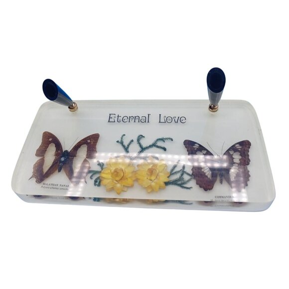 Vintage Lucite Desk 2 Pen Holder "Eternal Love" Real Butterflies & Flowers - Picture 6 of 6